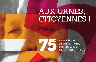 Affiche de l'exposition sur le 75e anniversaire du droit de vote des femmes.