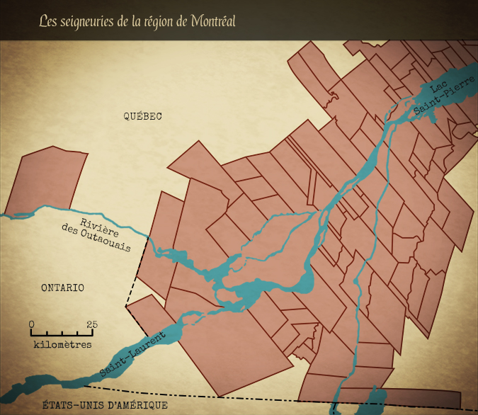 Carte représentant le régime seigneurial dans la région de Montréal.