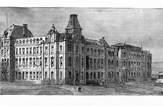 Vue extérieure de la façade du Parlement après l’explosion de 1884.Sphere. 