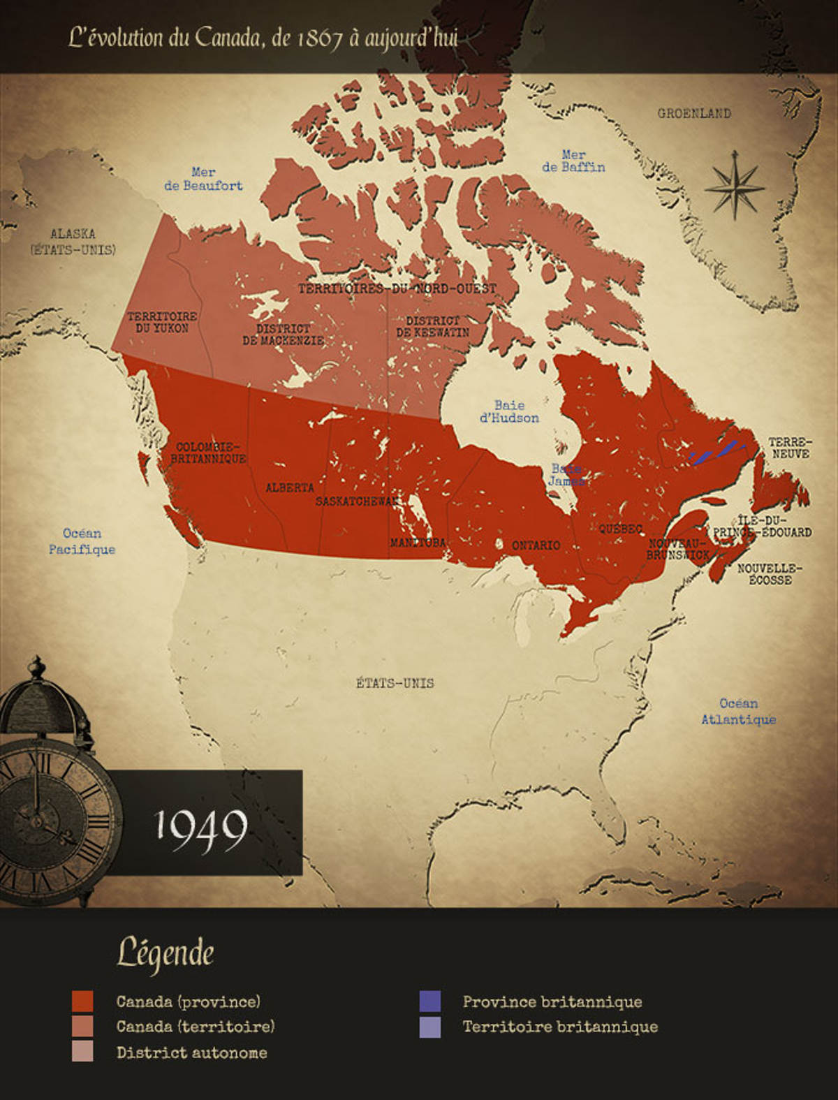 Carte du Canada au moment de l'entrée de Terre-Neuve dans la Confédération.