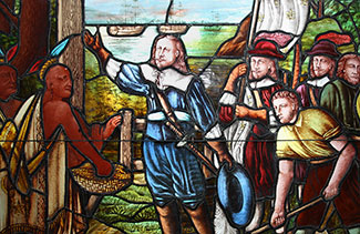 Détail du vitrail de la fondation de Québec par Champlain.