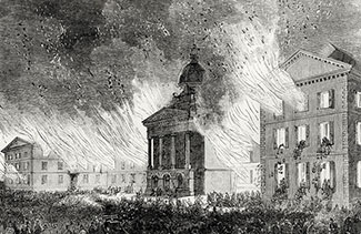 Dessin du Parlement de Québec en flammes en 1854.