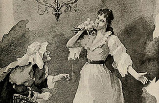 Caroline de Saint-Castin portant à ses lèvres un bouquet de fleurs empoisonnées.