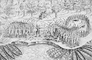 Toile de la défaite des Iroquois au Lac Champlain.