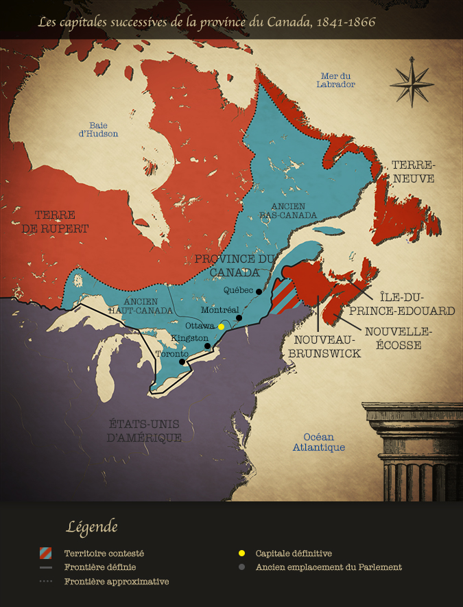 Carte montrant les capitales successives de la province du Canada, 1841-1866
